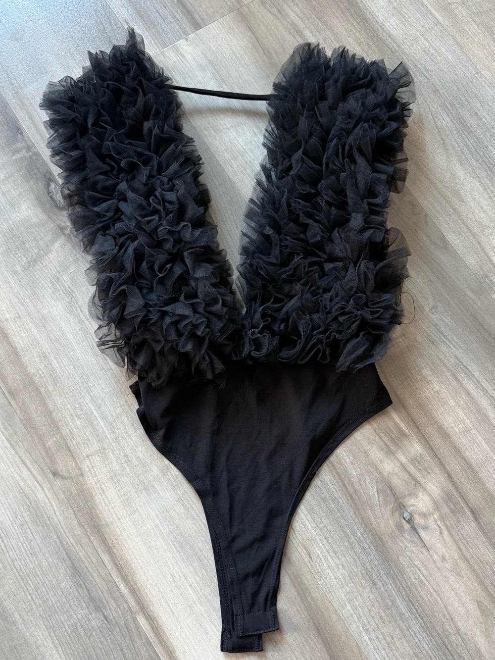 Ruffled Deep V Bodysuit in Black
